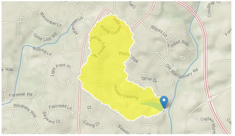 Map of Sewell's Orchard Park with yellow area to show surrounding watershed